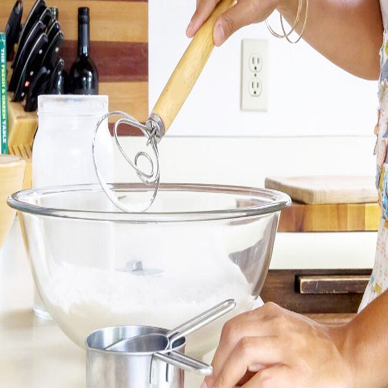 Oak Handle Flour Dough Mixer Stainless Steel Egg Beater Flour Coil Mixer Danish Whisk Stick DIY Bread Dough Baking Utensils