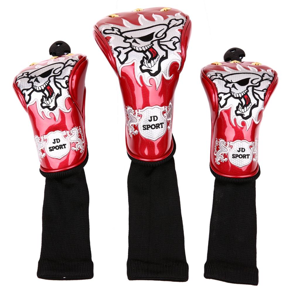 3 stuks golfclub driver fairway houten headcover pu leer met schedelpatroon headcover zonder label 3 5 7 x: Rood