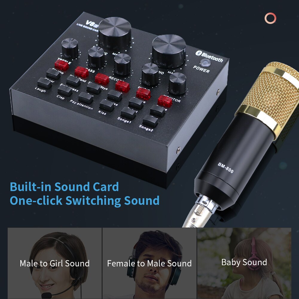 External Sound Card Audio Interface for Computer Recording Live DJ Sound Mixer Phone Voice Changer with Bluetooth