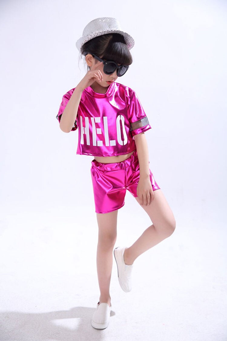 Children's Jazz Dance Modern Cheerleading Costumes Hip Hop Boy Girls Dancing Top And Pants Sequins Performance Clothing Set: Hot Pink / 140cm