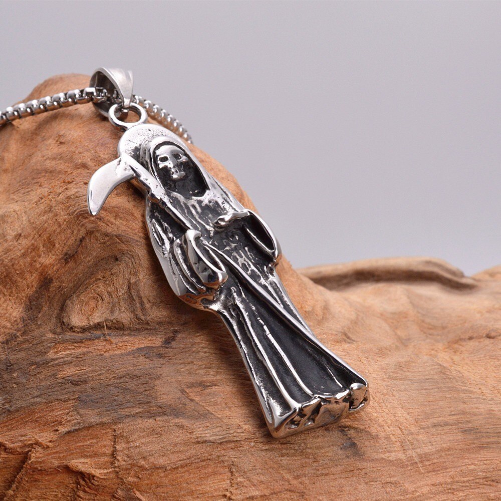 Silver color Stainless Steel Holy Saint Death Santa Muerte Skull Biker Pendant