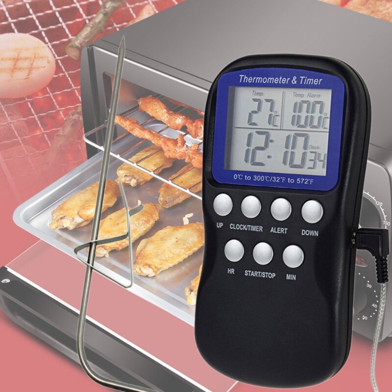 LCD Digital Probe Oven Thermometer Kitchen Cooking Timer Clock Food Meat BBQ Thermometer 0-300℃