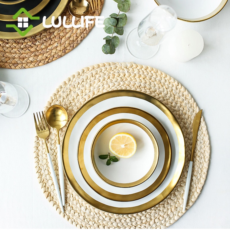 Assiettes à dîner en porcelaine mate à incrustation d'or, assiettes rondes de luxe pour mariage, fête décorative pour la maison, service de vaisselle