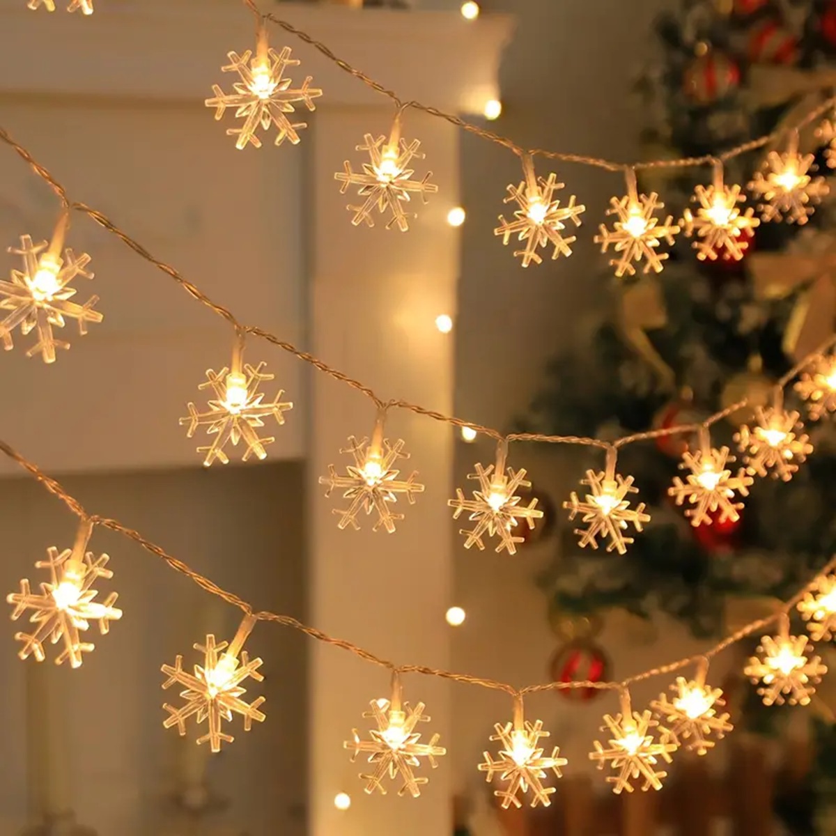 Guirlande lumineuse LED flocon de neige de noël, 1 pièce, éclairage décoratif suspendu d'intérieur et d'extérieur, lampe d'ambiance féerique pour fête dans le jardin: blanc chaud / 0-5W