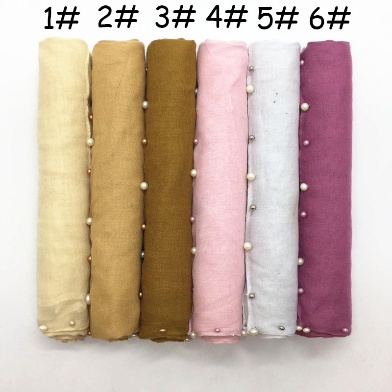 Chiffon falten schal perle kanten schal schlicht max welligkeit hijab lange pashmina schalldämpfer moslemischer schal schals 18 farben