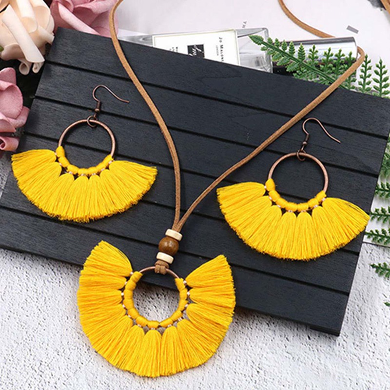 conjunto de joyería de borlas coloridas tejido hecho a mano COLLAR COLGANTE de suéter de cadena larga rojo multicolor amarillo para mujer conjuntos: YW