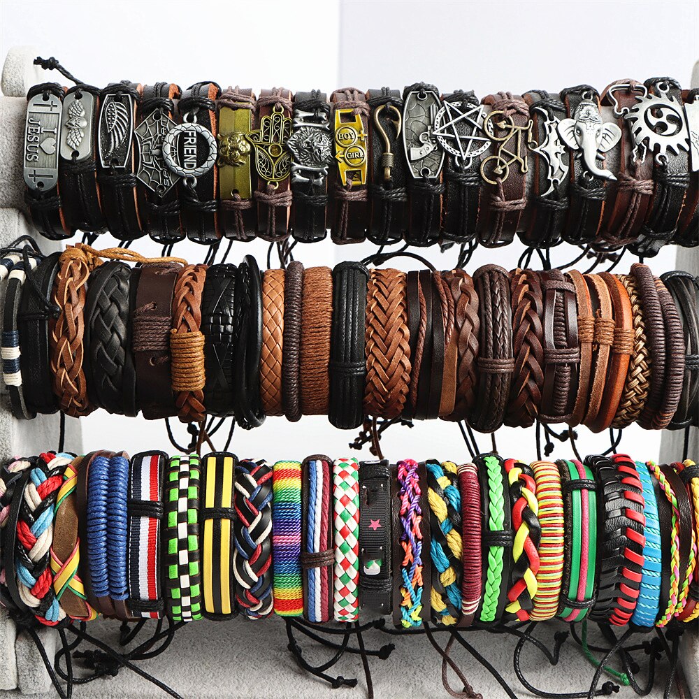Wholesale 20/30/36/50/100Pcs/lot Vintage Leather Bracelets For Women Men Mix Style Cuff Bangle Jewelry Party Gifts