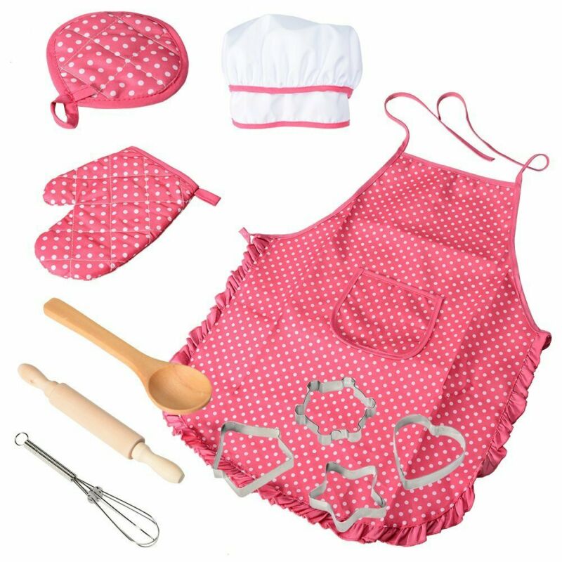 Børn madlavning og bagning forklæde sæt køkken deluxe kok sæt kostume foregiver rollespil kit forklæde hat dragt til 3 år gamle børn