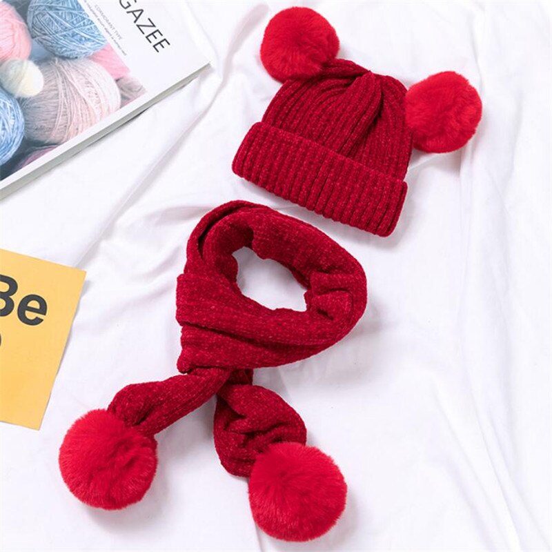 Enfants hiver chapeau et écharpe enfant côtelé tricoté chapeau 2 pièces ensemble bébé filles garçons oreille Protection casquette Pom Pom foulards 0-3T: Rouge