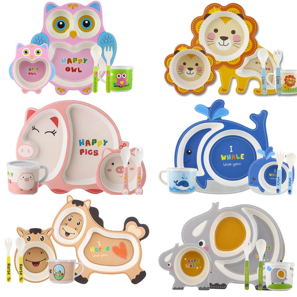 5 stk/sæt miljøvenlig bambusfiber baby tallerken fade børneservice sæt spisestel foderskål adskillelse tallerken