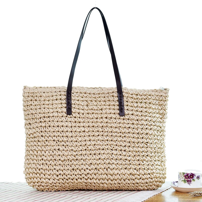 Bolsa de paja para playa para mujer, Vogue, viaje, vacaciones, vacaciones, ocio, tejida a mano, bolso de compras de gran capacidad, bolsos de hombro para mujer: BD853beige