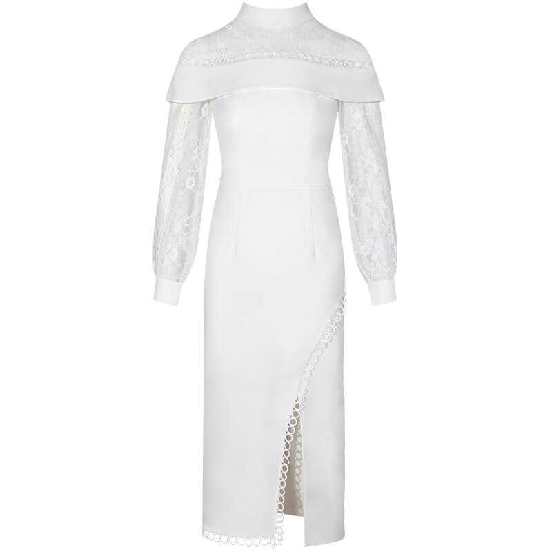 YIGELILA Herfst Nieuwkomers Witte Jurk O-hals Lange Mouwen Met Kant Jurk Lantaarn Mouwen Mid-kalf Elegante Jurk 65266