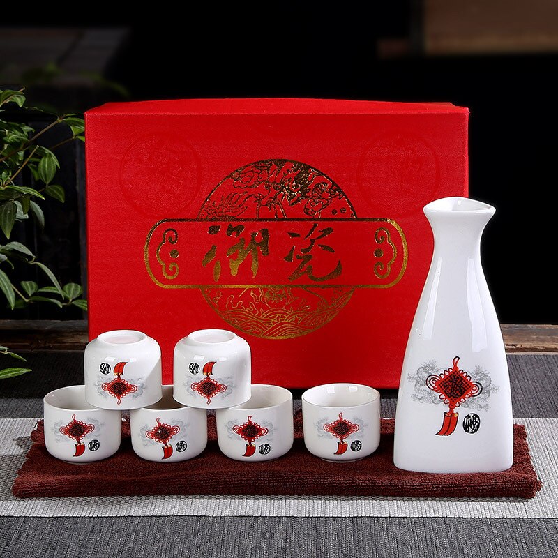 1 Hip Flask 6 Wine Glasses Chinese Traditional Ceramic Tea Wine Set Eco-Friendly Ceramic China (Bar Sets: zhongguojie