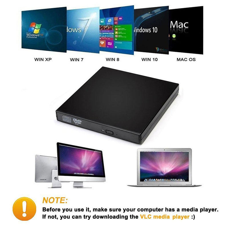 DVD externo portátil unidade óptica, USB 2.0, CD/DVD-ROM, CD/DVD-RW Player, queimador, leitor fino, gravador para Windows, Mac OS, prático