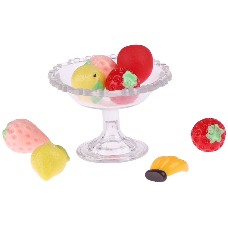 1:6 Dollhouse 9Pcs Transparent Glass Dessert Fruit Tray With Fruit Dollhouse Miniatures Dolls House Furniture Accessories