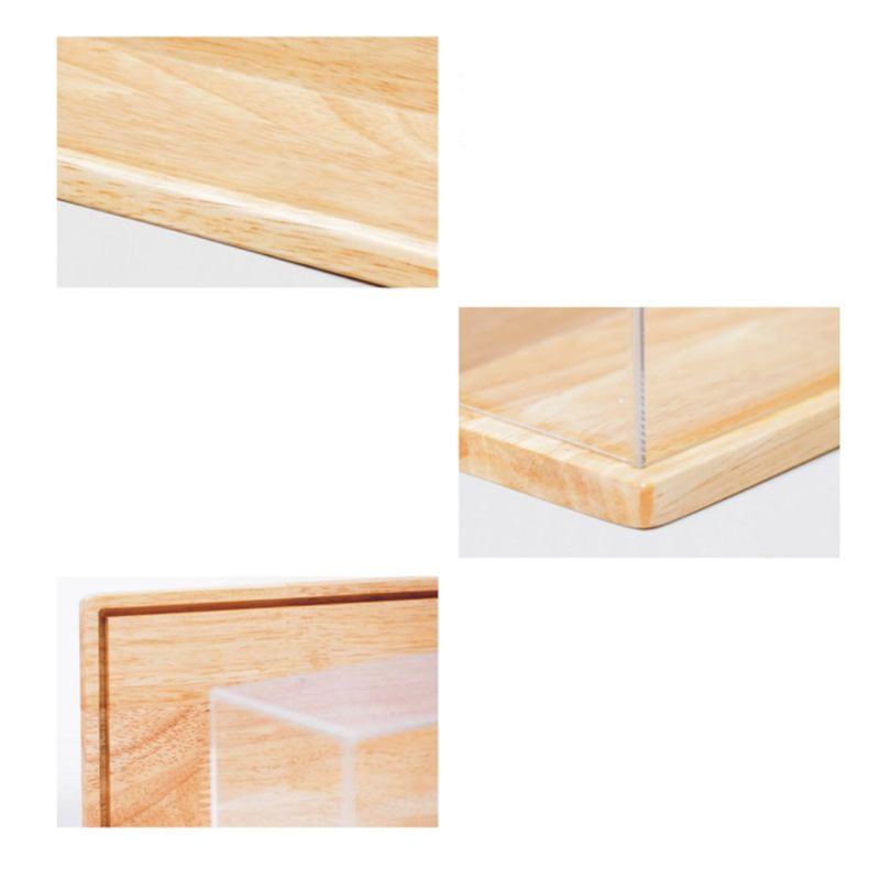 Vielseitige durchsichtige acryl-vitrine mit staubschutzhülle für figuren, modelle, spielzeugvitrinen mit holzrückwand