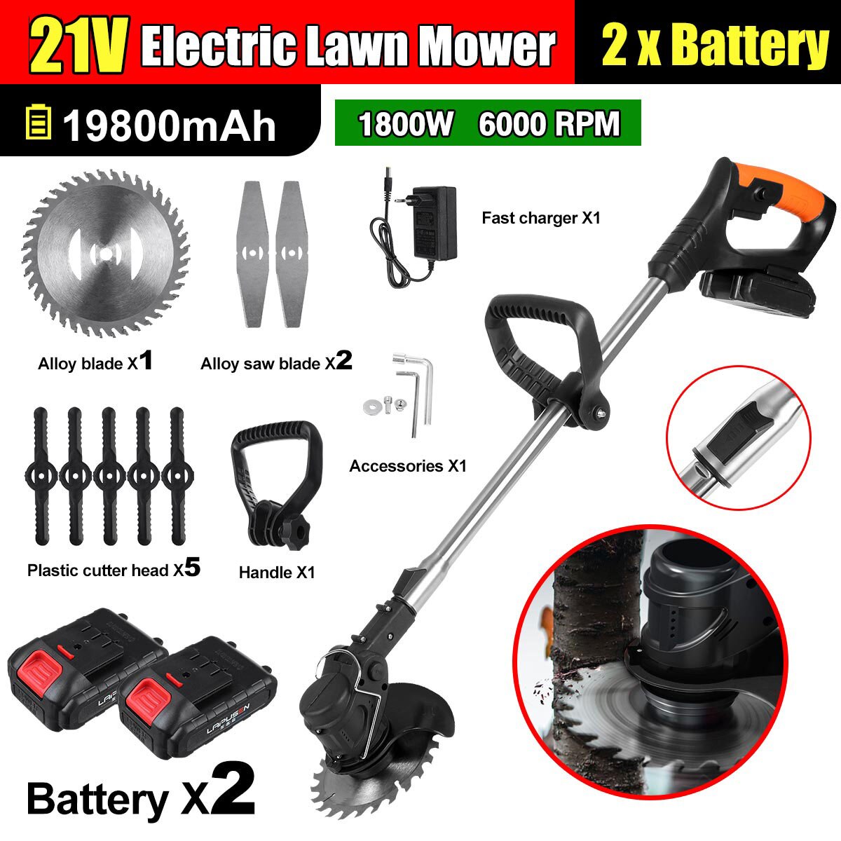 12V 1800W Batterij Trimmer Voor Gras Greenworks Gazon Bosmaaier Tuin Gereedschap Multi-Functioncordless Maaiers Huishouden Oplaadbare: 21V With 2 Battery / EU