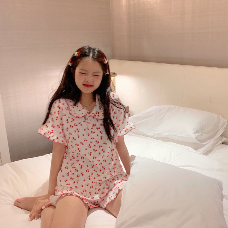 Qweek bomuld nattøj koreansk pyjamas til kvinder sommer pyjamas kirsebær print pyjamas kvinde sæt kvinde 2 stykke sød loungewear