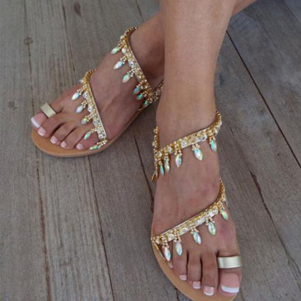Women Flat Beaded Open Toe Breathable Comfortable Beach Shoe Light Roman Sandals zapatos de mujer tacon punta#G10