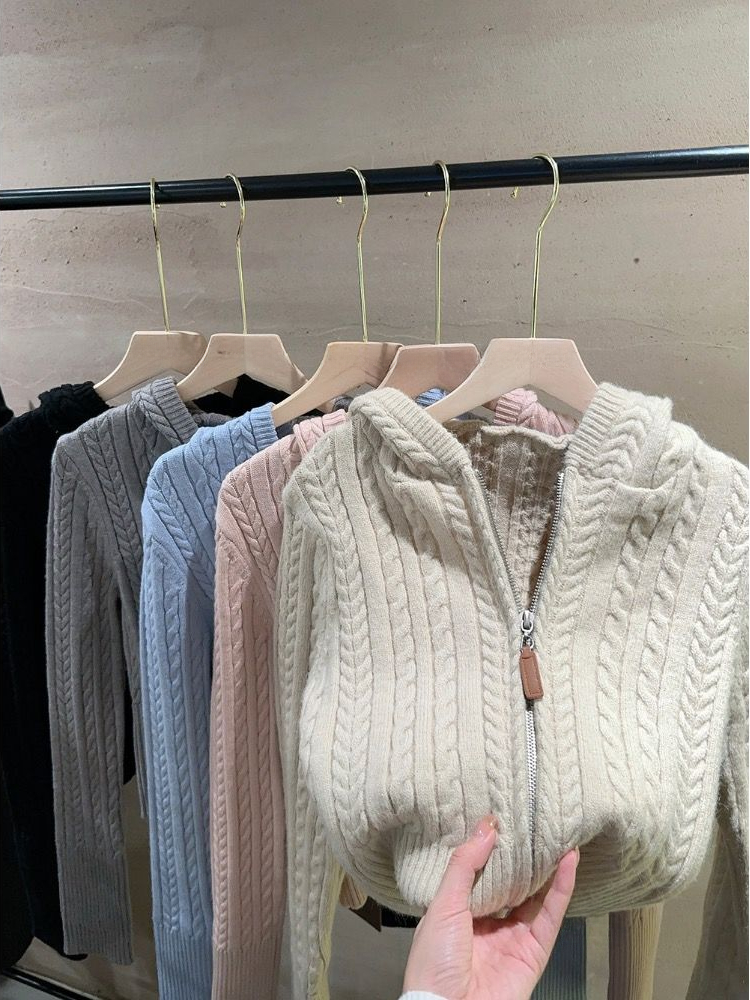 Preppy Style Twist Cardigan Women Autumn Clothing Hooded Sueter Mujer Casual All Match Knitted Solid Sweater Tops Pull Femme
