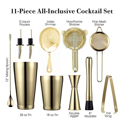 Cocktail Shaker Bar Set: 2 Weighted Boston Shakers,Cocktail Strainer Set,Jigger,Muddler and Spoon, Ice Tong and 2 Bottle Pourer: Gold Sets