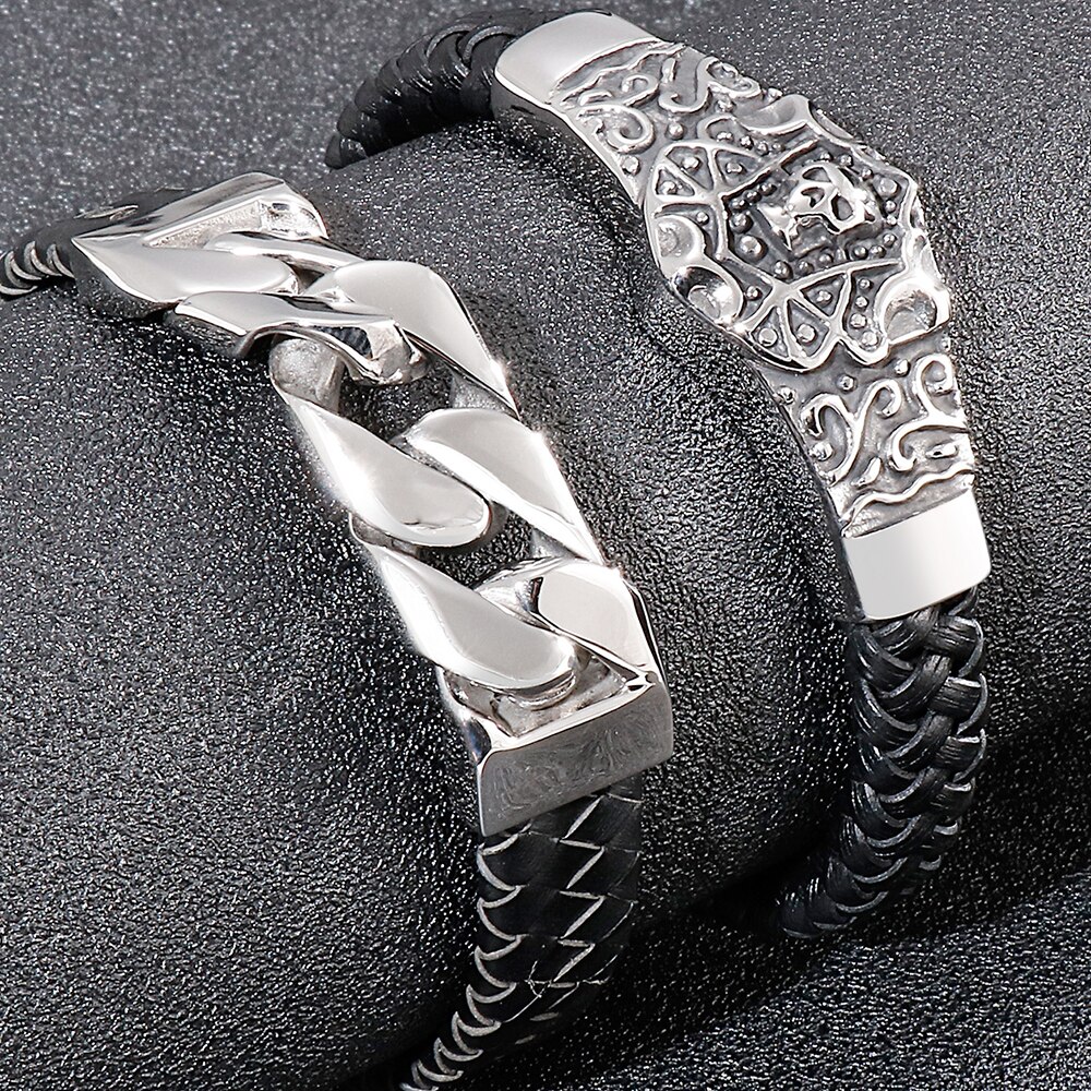 Men's Leather Bracelet 316L Stainless Steel Skull Head Curb Chain Charm Bracelets For Men Gothic Male Jewellery Mannen Armband