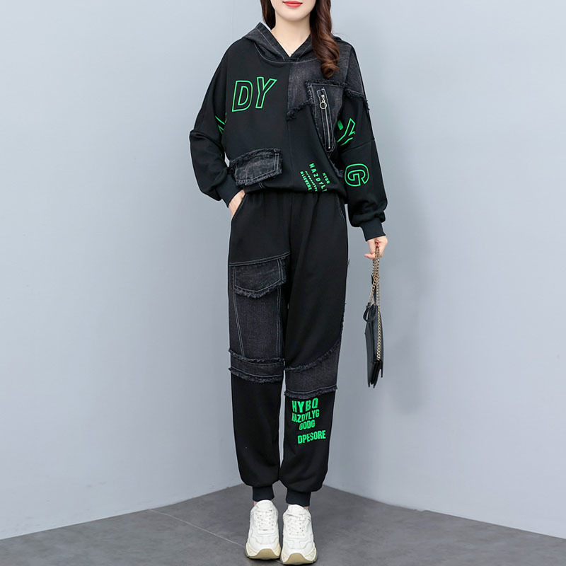 Bedruckte Patchwork Denim oben Freizeit Schlauch einstellen für Damen Frühling Herbst 2023 neuen Stil zweiteilige setzt 4xl: L