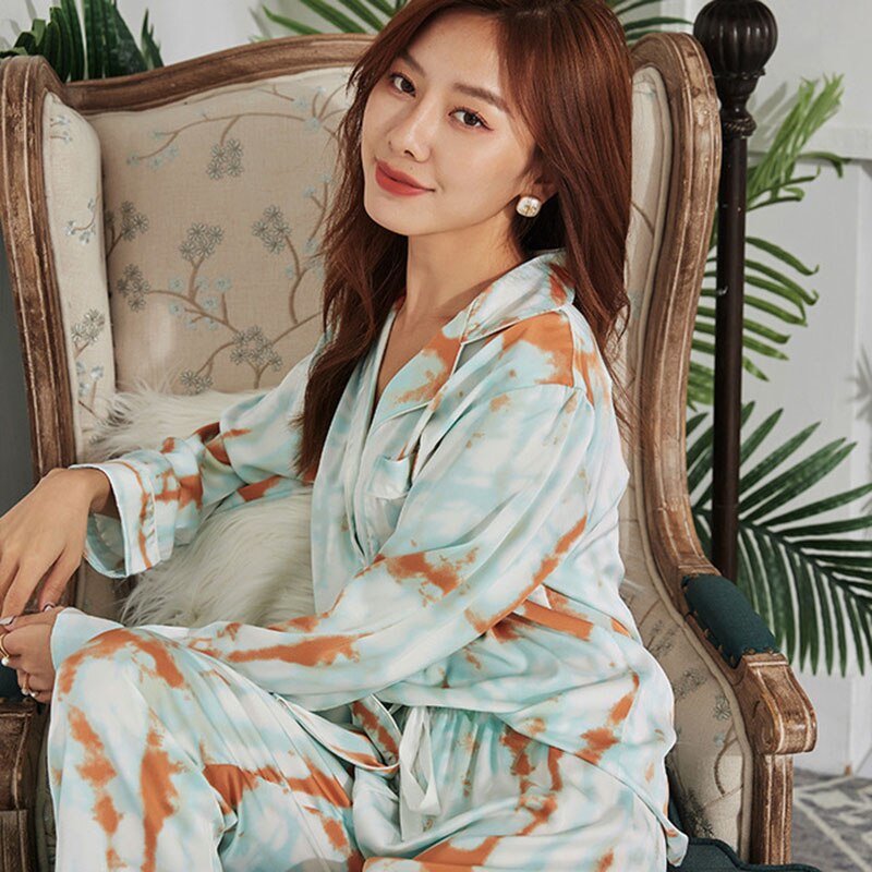 Women's Spring Tie-Dye Silk Satin Pyjamas Set Simple Style Ice -Silk Full-Sleeve Cardigan+Trousers 2Pcs Ladies Sleepwear