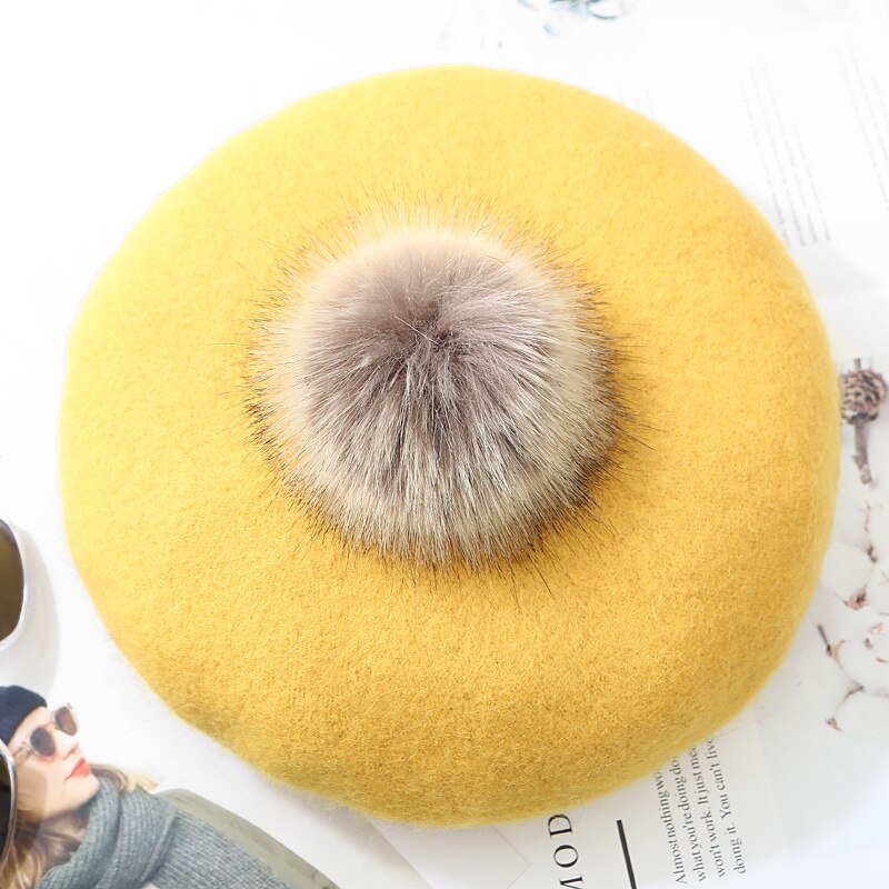 Vrouwelijke Winter Herfst Wollen Pompom Baret Hoed Effen Vrouwen Boina Franse Hoed Meisjes Outdoor Warm Baretten Schilder cap: yellow