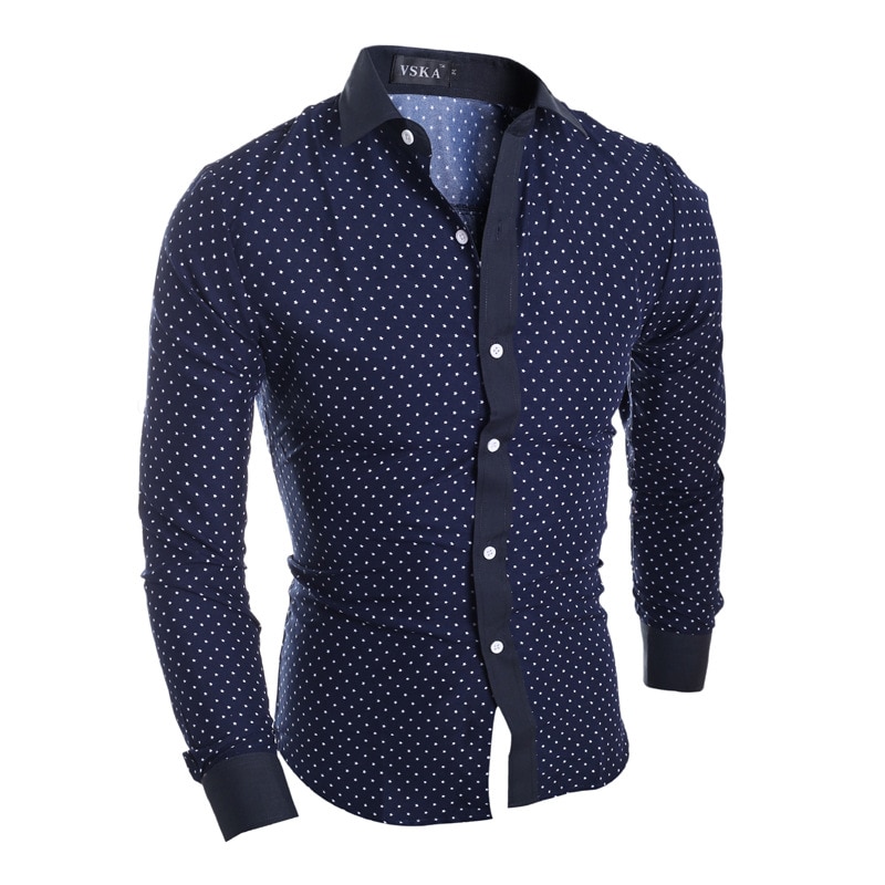 Afslappet print polka dot mænds skjorte slim fit kjole skjorte langærmet fjeder bomuld turn-down krave camisa masculina: Beige / L