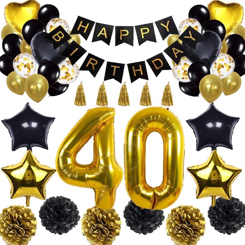 30/40/50/60th 40 tommer aluminiumsfolie nummer ballon fødselsdagsfest dekorationer banner papir pom-pom sort guld balloner sæt: Nummer 40