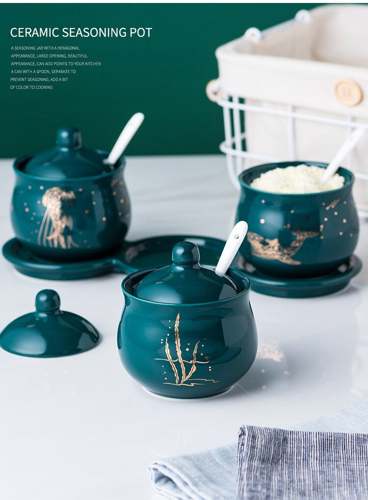 Green Color Forest Ocean Style Sugar Bowl Home Kitchen Set Ceramica Salt Condiment Pot Jars