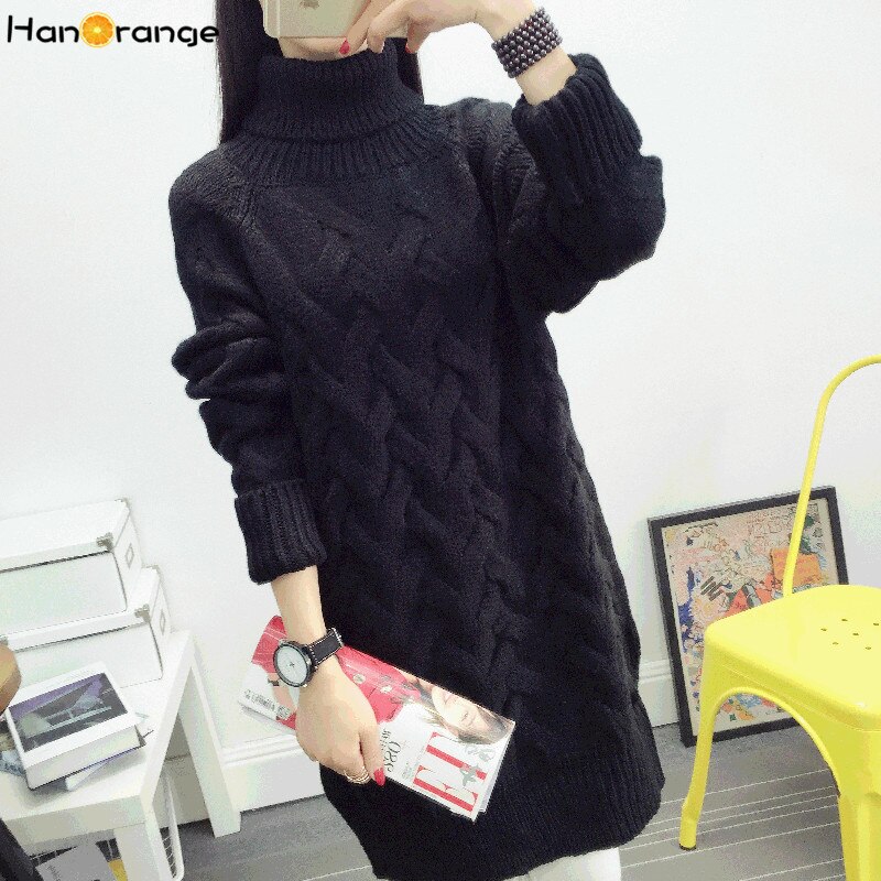 HanOrange Autumn Winter Korean Turtleneck Thick Loose Twist Long Women Sweater White/Red/Black