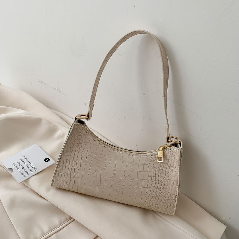 Bolso Vintage para la axila de las señoras, de cocodrilo, Bolso Baguette para mujeres, bolso de mano para chicas, bandolera de cuero, bolso de mano de noche: Creamy white