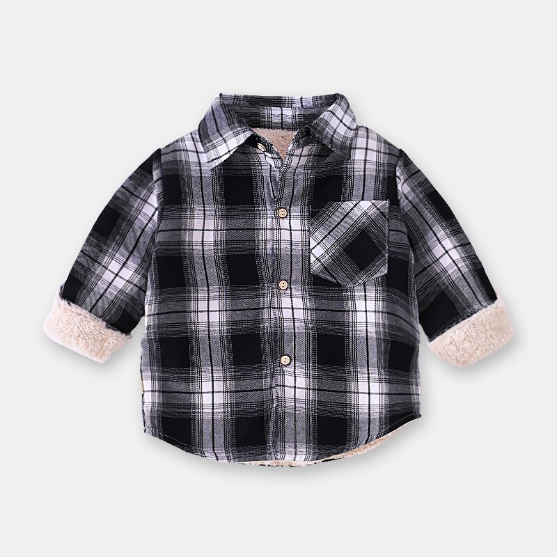Shirt Herfst Winter Kinderen Plaid Top Plus Kasjmier Jongen Meisje Westerse Stijl Lam Fluwelen Shirt Lange Mouwen Winter kleding: Black white grid / 110CM