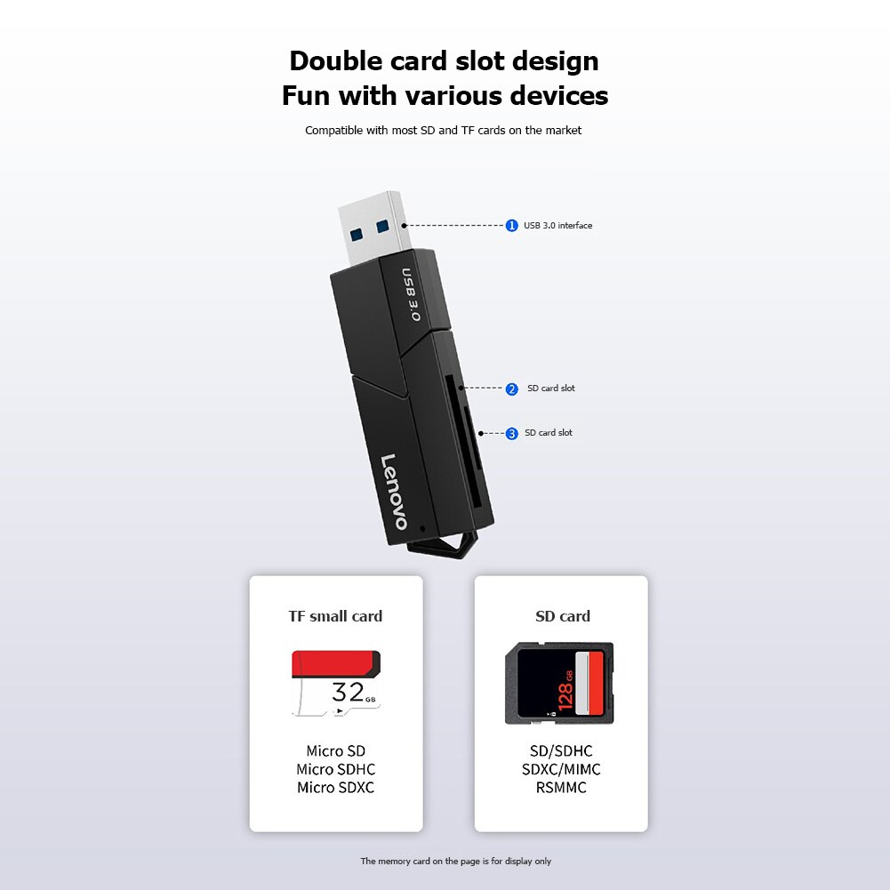 Lenovo D204 Portable 5Gbps USB 3.0 Card Reader 2 in 1 SD TF Memory Cards Adapter for Computer PC