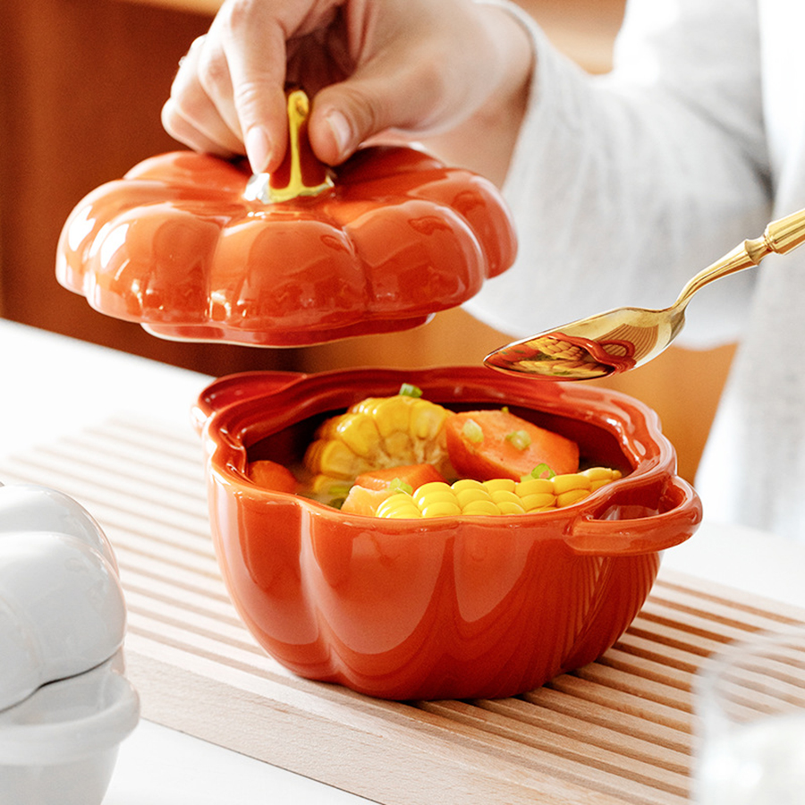 Pumpkin Ceramic Bowl with Lid 15oz Pumpkin Soup Bowl with Handle Pumpkin Decor Storage Jar for Home Thanksgiving Halloween Party