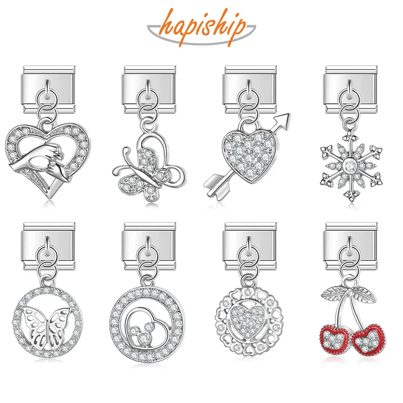 Hapiship Romantic Heart Cherry Shiny CZ Italian Charm Link Fit 9mm Bracelet Stainless Steel Making DIY Jewelry DJ605