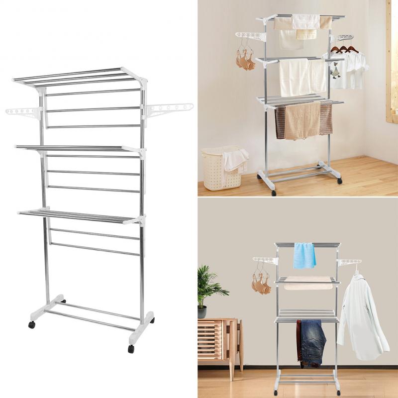 Adjustable Clothes Rack Single/Double Rods with Wheel Coat Shelf Hanging Drying Rack Floor Hanger Movable Cloth Storage HWC