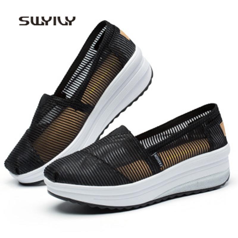 SWYIVY Women Toning Shoes Mesh Breathable Thick-sole Swing Shoes Summer Hollow Ultra-light Soft Female Slimming Shoes