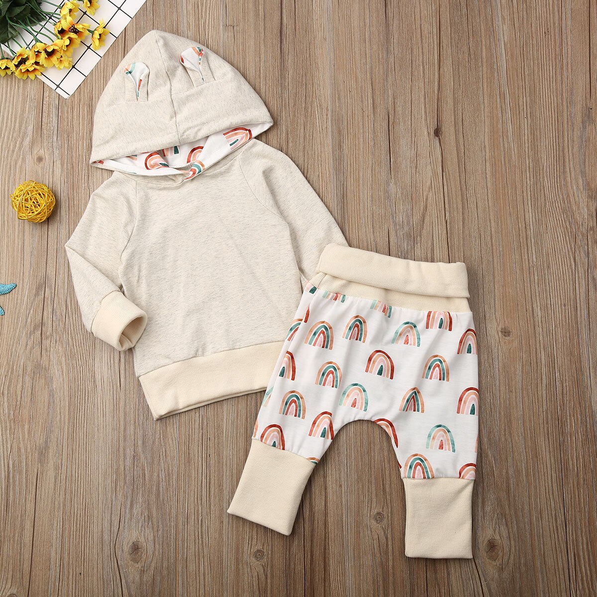 Emmababy vauvanvaatteet rento vauvan poikavauva tyttö syysvaatteet hupullinen toppi sateenkaarikuvioiset pitkät housut asukokonaisuus