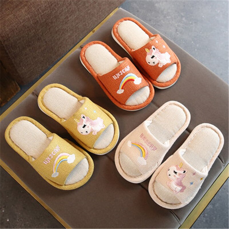 nouveaux enfants pantoufles garçon fille lin chambre tongs licorne chaussures coton pantoufles enfants hiver bébé dessin animé maison chaussures