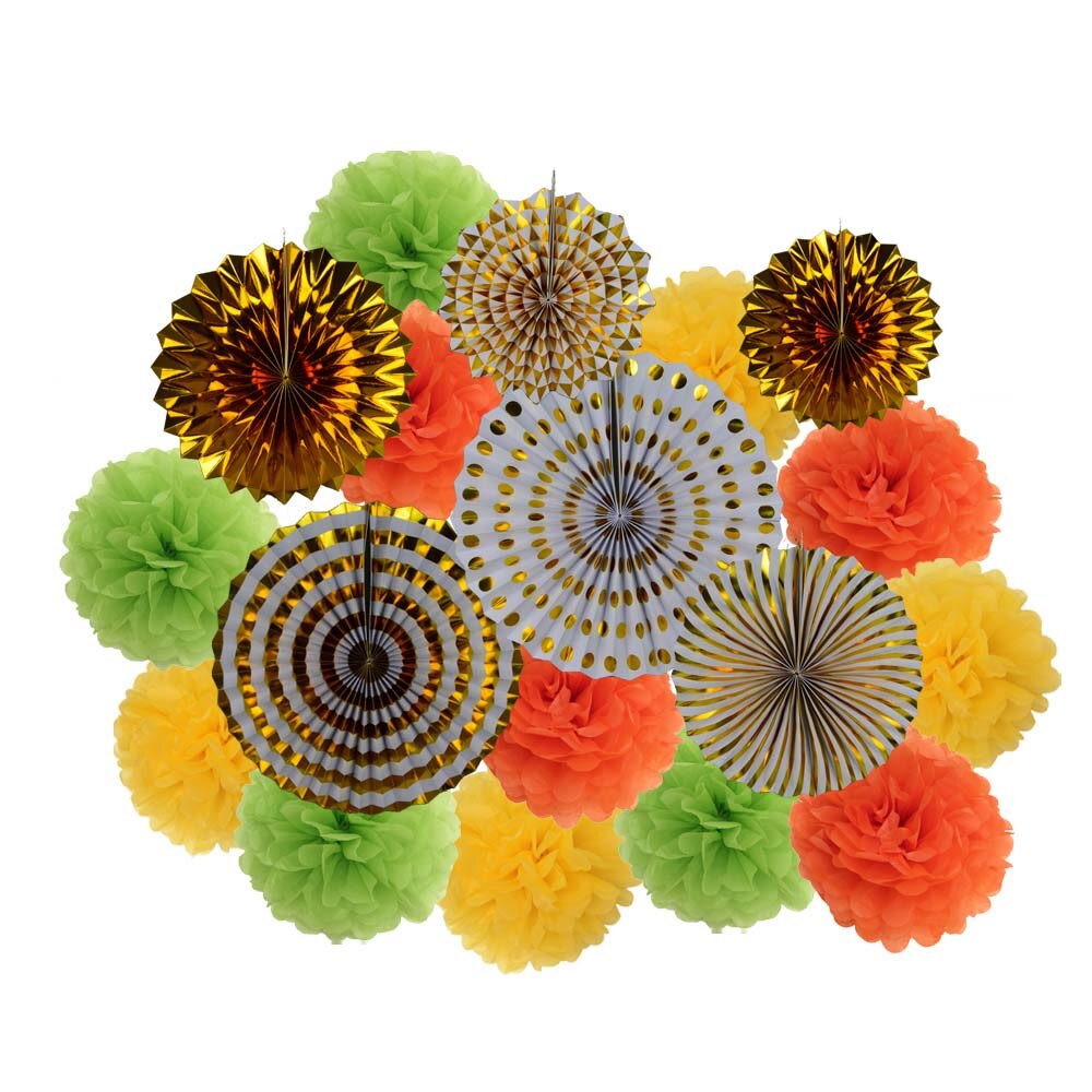 Lente Party Favor Goud Groen Set Vouwen Opknoping Papier Pom Pom Fans Baby Shower Kids Meisje Jongen Verjaardag Decoratie