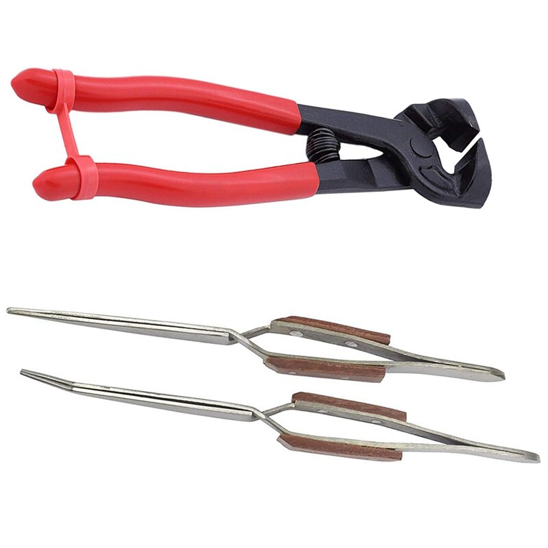 2 x Self Locking Closing Tweezers Straight with Mosaic Trimmer & Nipper Tile Cutter Pliers with Carbide Tips