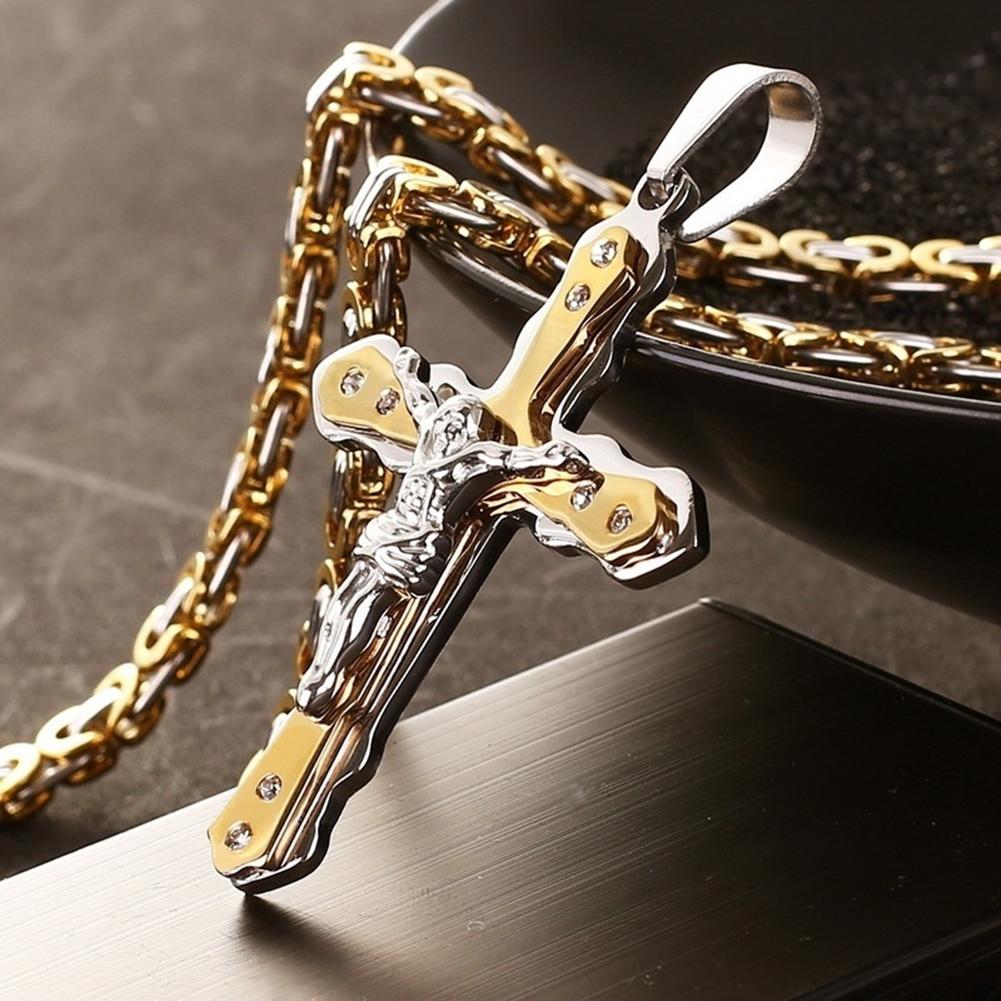 Legering guld färg kors hänge halsband jesus kors strass inlagt hänge halsband män religiös tro smycken