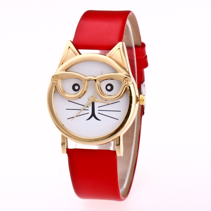 Hello kitty tegneserie sød kat bære briller børn se børn leopard ur fødselsdag studerende dreng pige farverigt ur: Rød