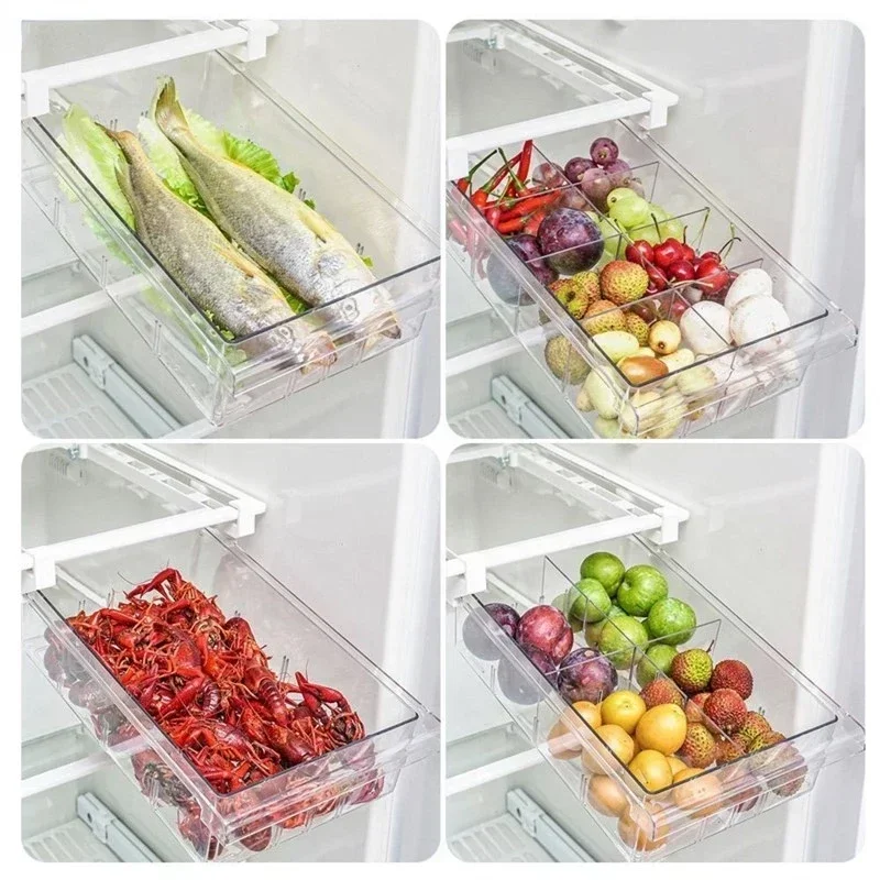 Refrigerator Drawer Plastic Clear Fridge Organizer Slide Under Shelf Drawer Box Rack Holder Kitchen Fruit Food Storage Box