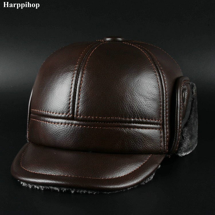 Le chapeau d'hiver en cuir pur pour homme, chapeau de père noël , casquette d'oreille moyenne