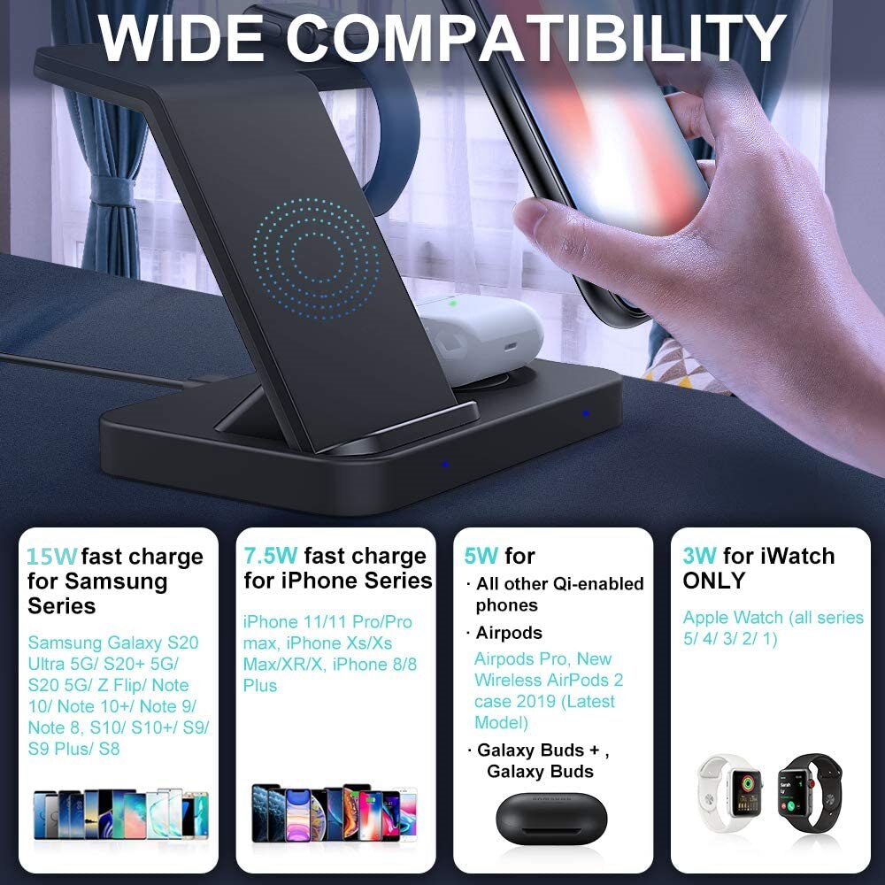 3-in-1 Wireless Charger 15W - for Samsung S10 S20 iPhone 11 X XS XR 8 Apple Watch Airpods Pro