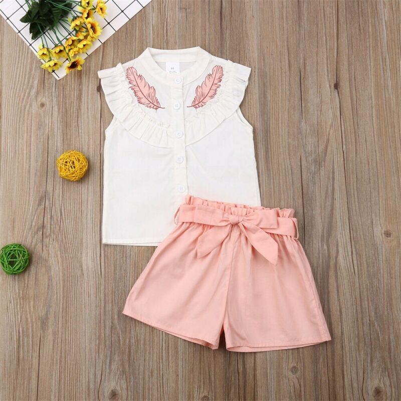 Lovely Kid Baby Girls Feather Clothes set top senza maniche estivi fasciatura pantaloncini 2 pezzi abiti moda abbigliamento 2-6 anni